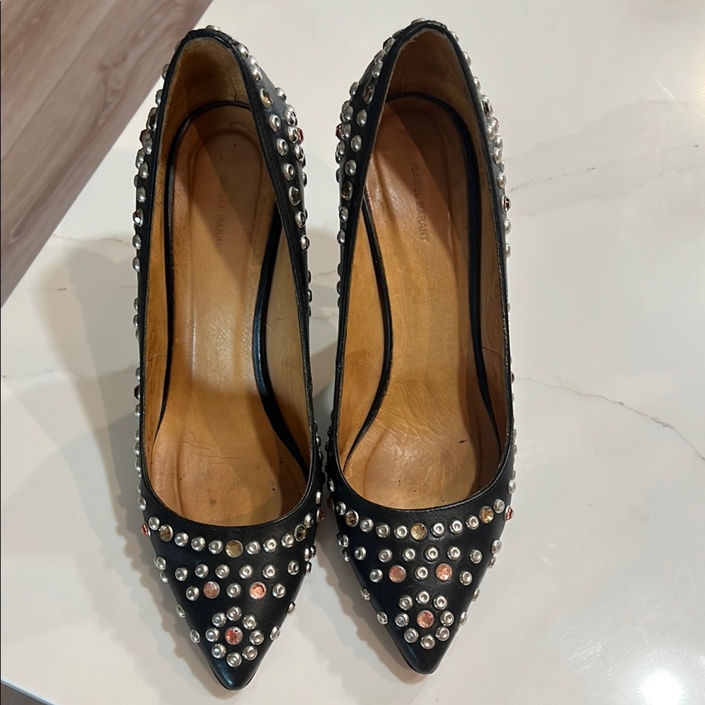 ISABEL MARANT Clemence Studded Crystal Jeweled Black Leather Pumps Heels 41 10 - Picture 4 of 10